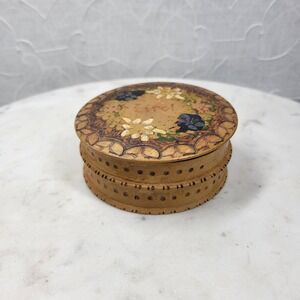 Vintage Old Wooden Round Trinket Box Hand Painted Floral Lid Folk Art Rustic